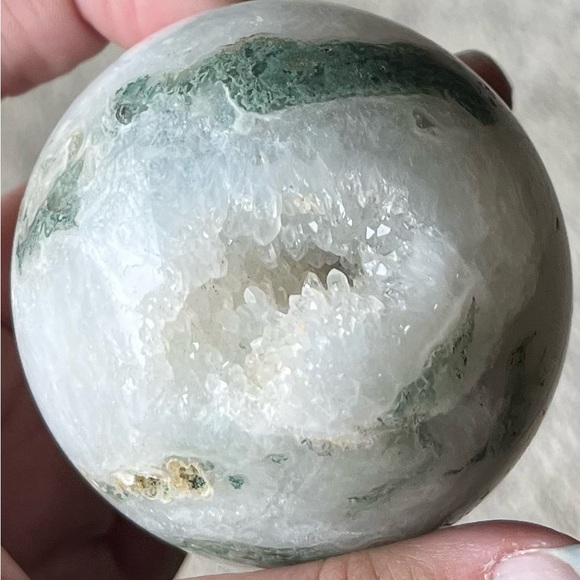 Moss Agate Sphere w/ Heart-Shaped Druzy Pocket - Picture 6 of 17